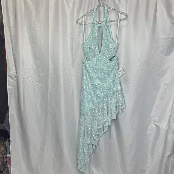 Mac Duggal A11274 Aqua Sequined Halter Cut Out Ruffle Asymmetrical Dress Size 4